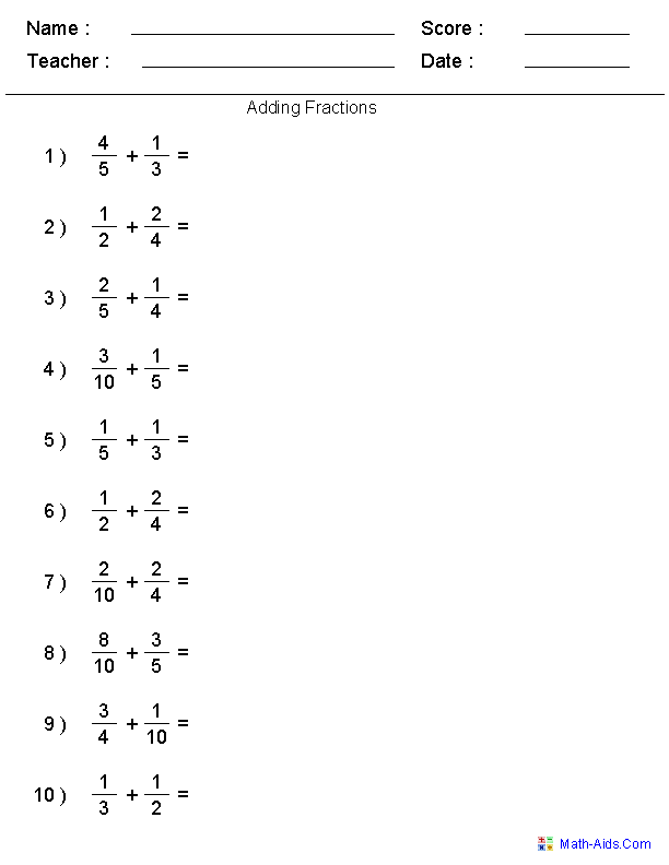 Math-aids.com Fractions Worksheets