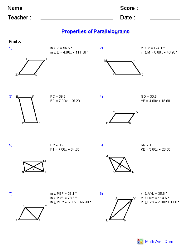 Special Parallelograms Worksheet Pdf