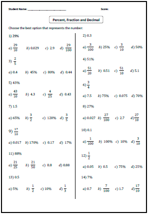 Fractions Decimals And Percents Worksheets 8th Grade