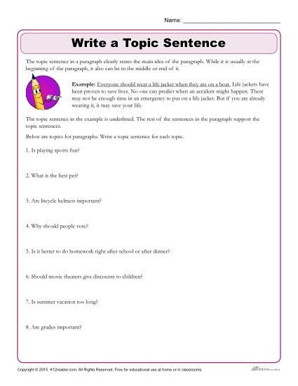 Grade 4 Topic Sentences Worksheets