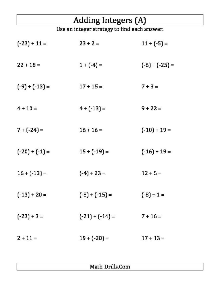 Negative Numbers Worksheet Grade 4