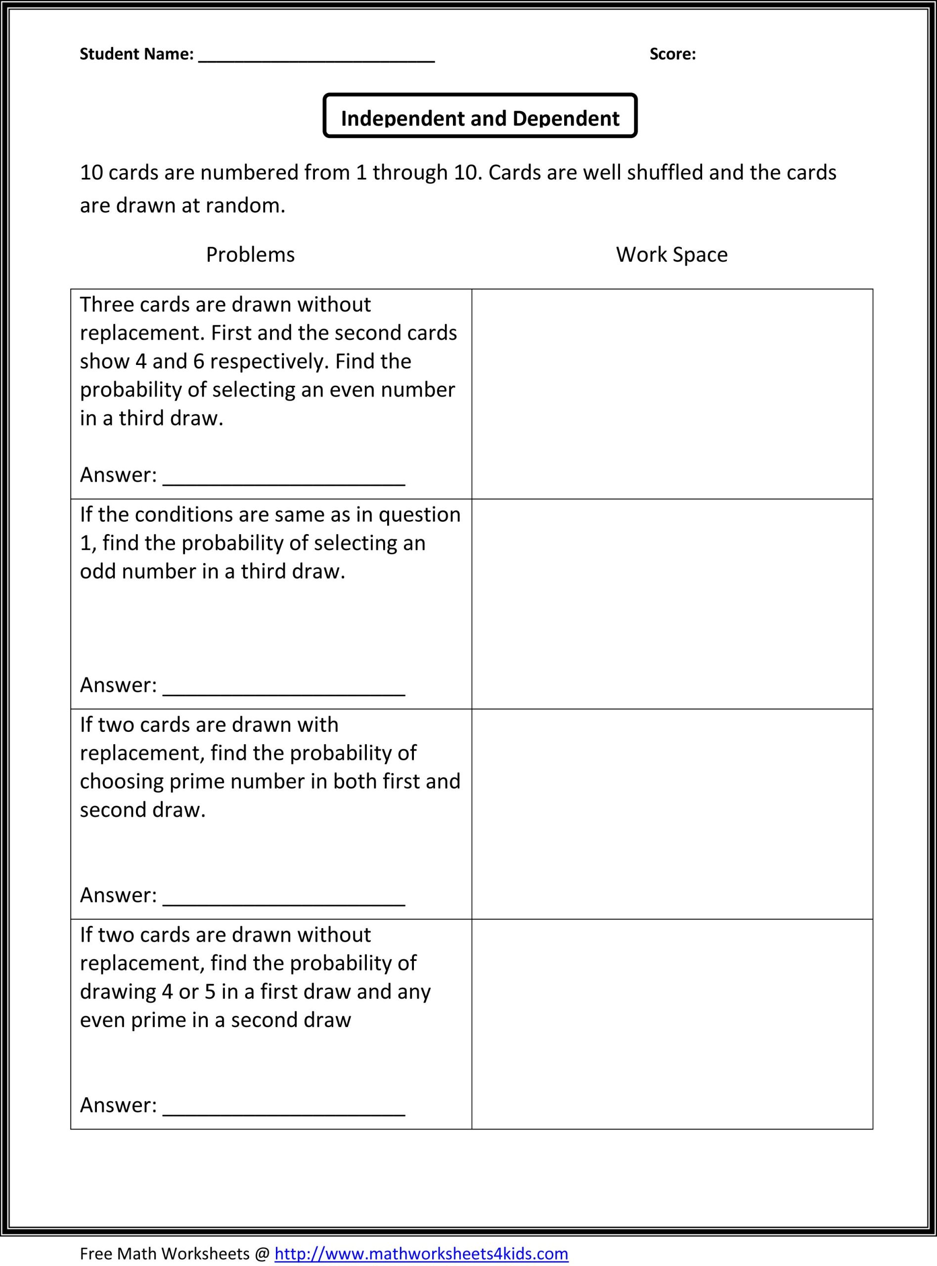 Independent And Dependent Events Worksheet 1 4 Answer Key