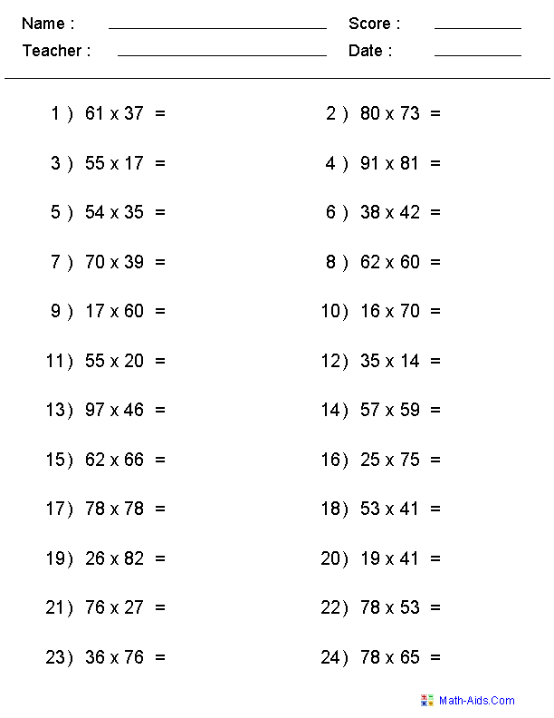 Multiplication Sheets For 5th Grade