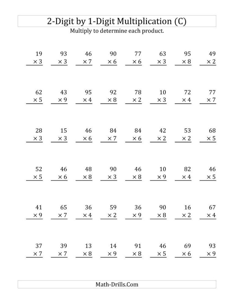Math Worksheets Multiplication 2 Digit By 1 Digit