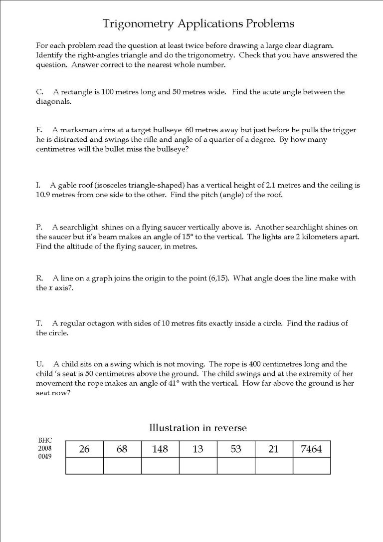 Right Triangle Trig Applications Worksheet