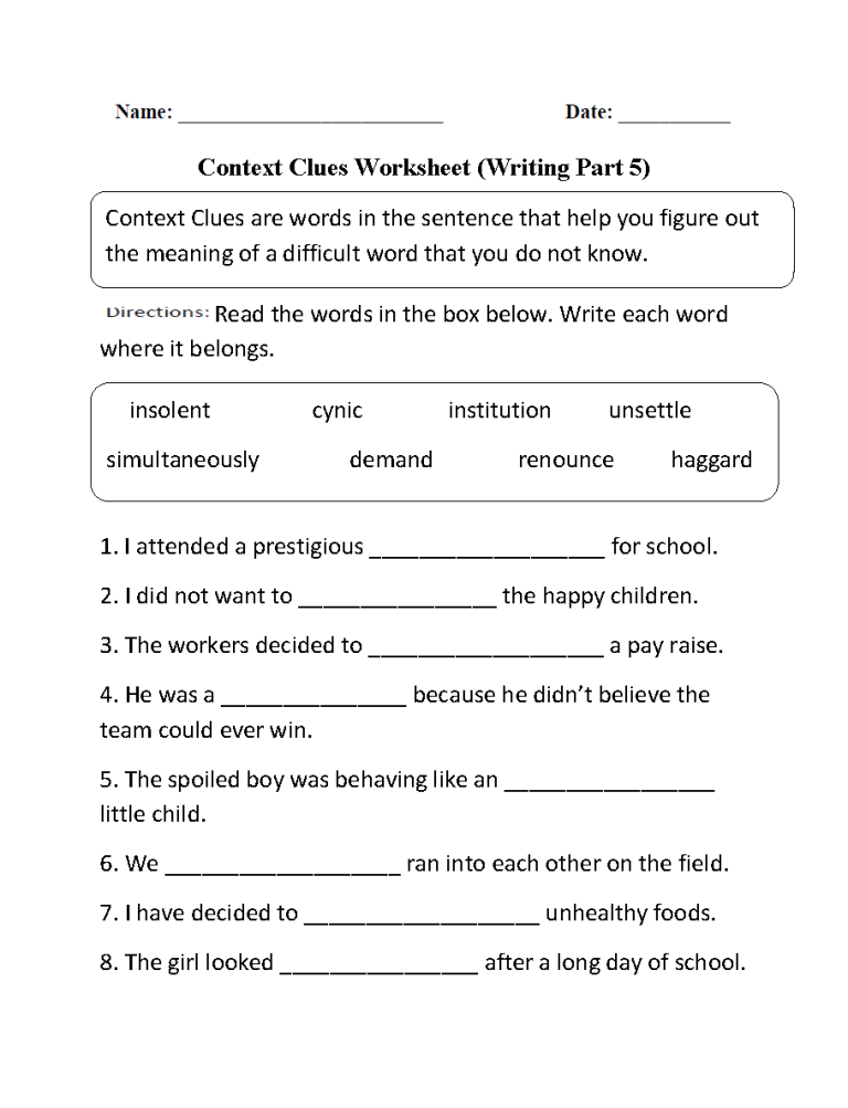 5th Grade Context Clues Worksheets Pdf