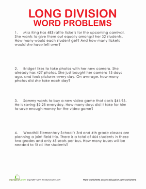 Long Division Word Problems With Answers
