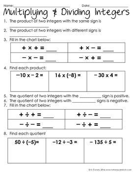 Multiplying And Dividing Integers Worksheet With Answer Key