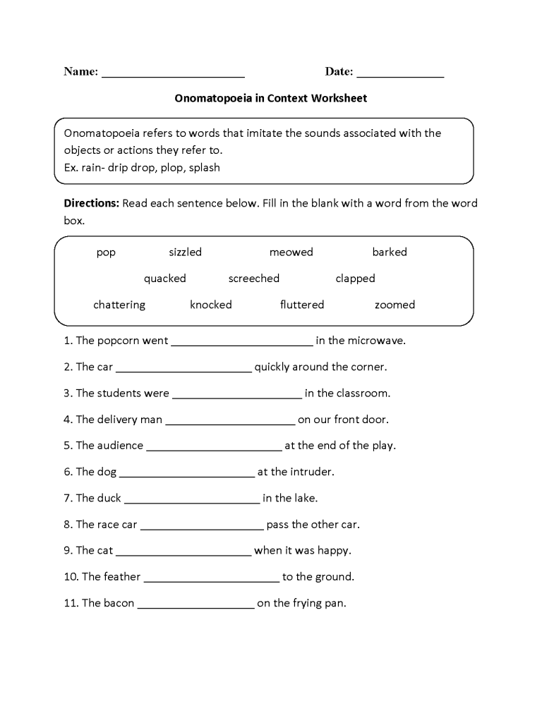 Onomatopoeia Worksheets Grade 6