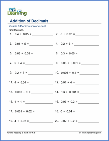 Decimals Worksheets For Grade 6