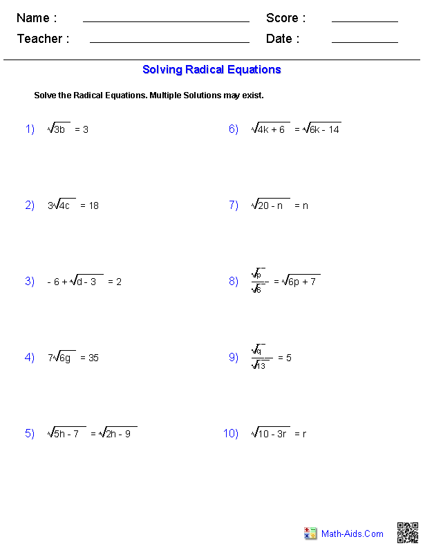 Algebra Radical Equations Worksheet