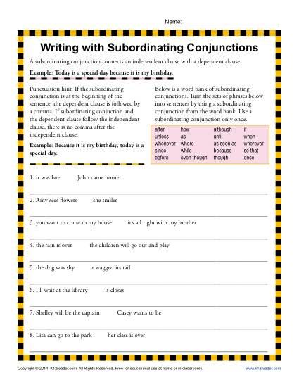Subordinating Conjunctions Worksheets Pdf