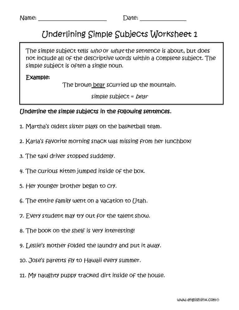 Simple Subject And Predicate Worksheets 4th Grade