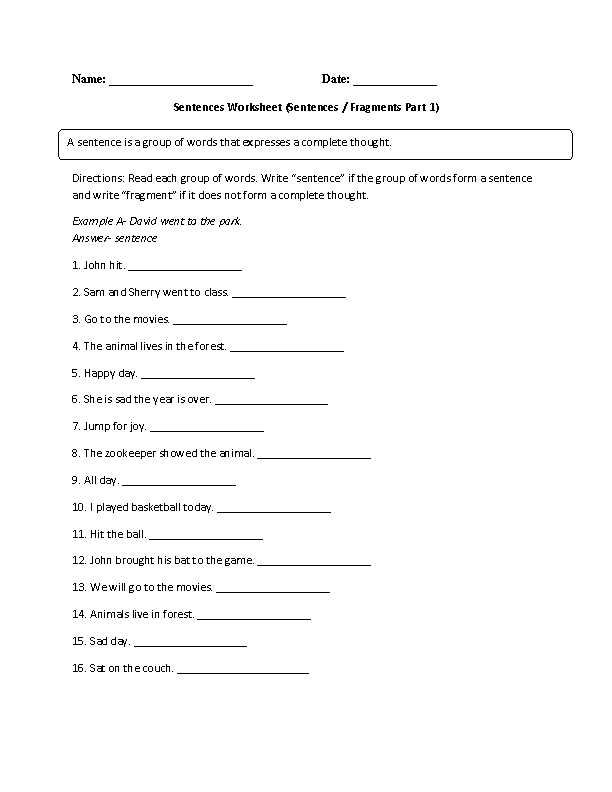 Sentence Fragment Worksheets 6th Grade