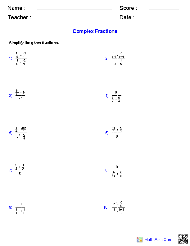 Algebra 2 Complex Fractions Worksheet