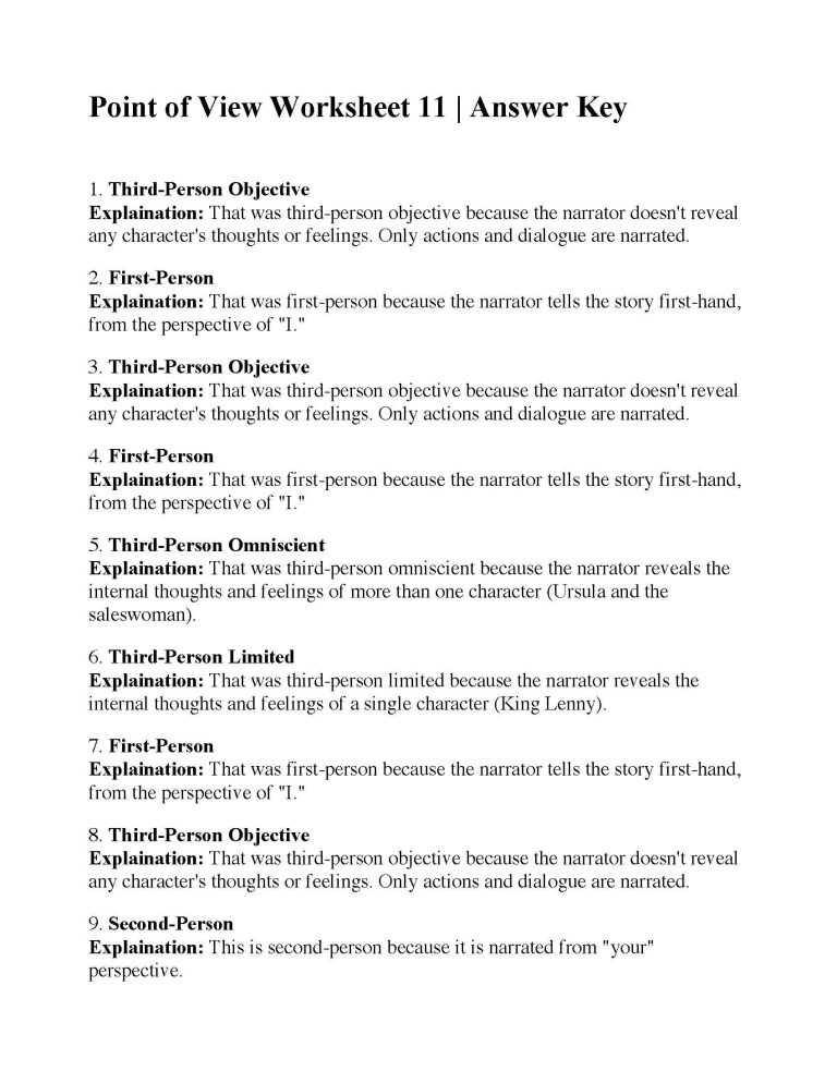 Point Of View Worksheet 11