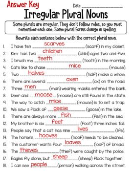 Irregular Plural Nouns Worksheet With Answers