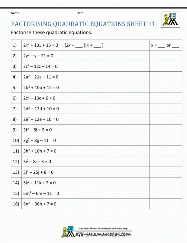 Quadratic Functions Worksheet