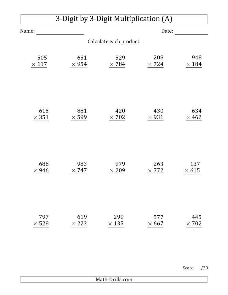 3 Digit Multiplication Worksheets With Answers