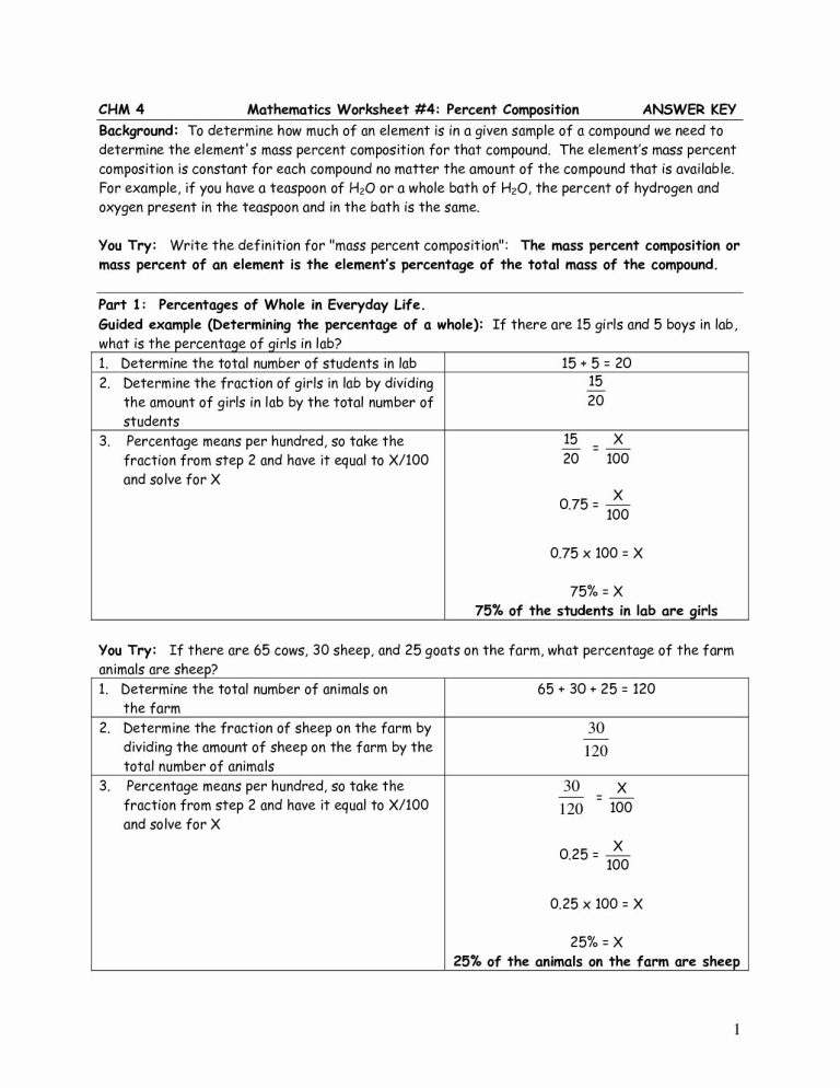 Percentage Composition Worksheet Answers