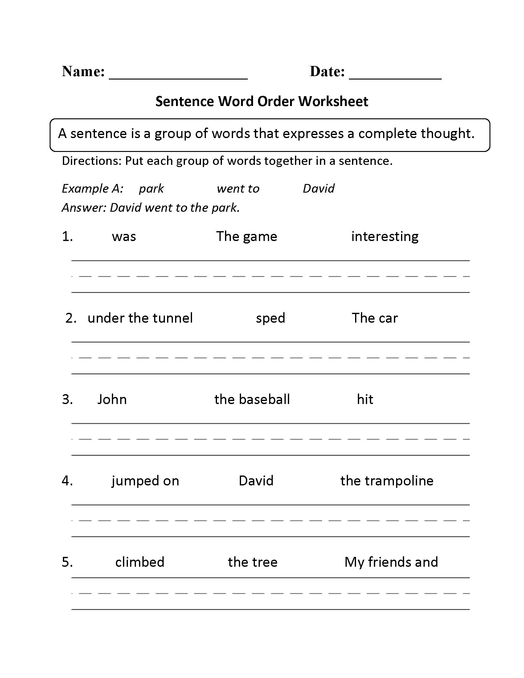 Sentence Structure Worksheets 1st Grade