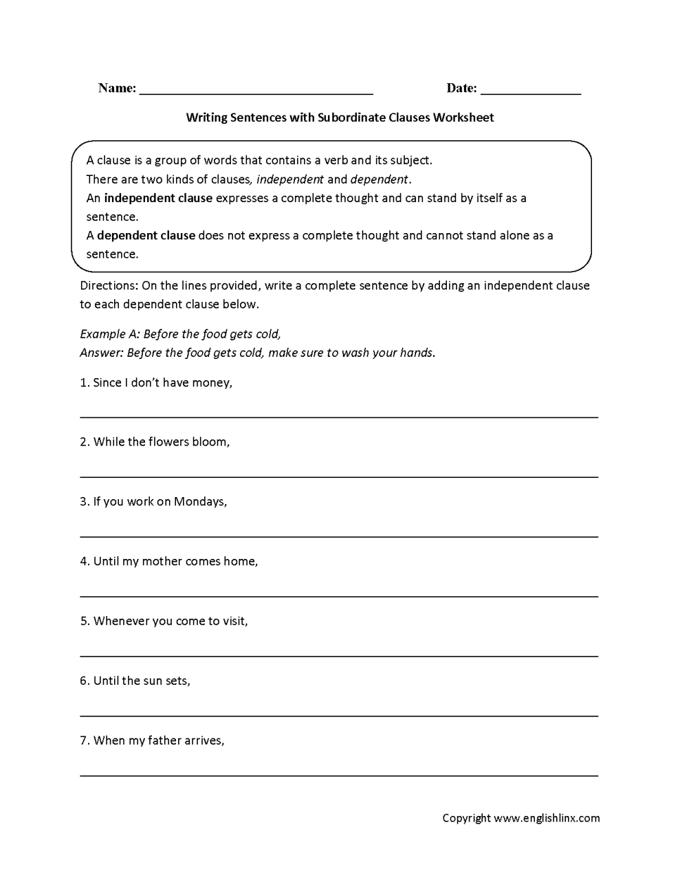 Independent And Dependent Clauses Worksheet With Answers