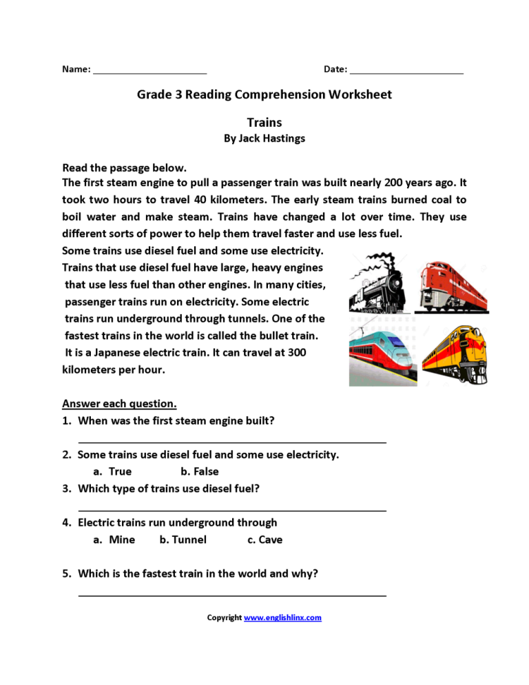 Free Reading Comprehension Worksheets For 3rd Grade