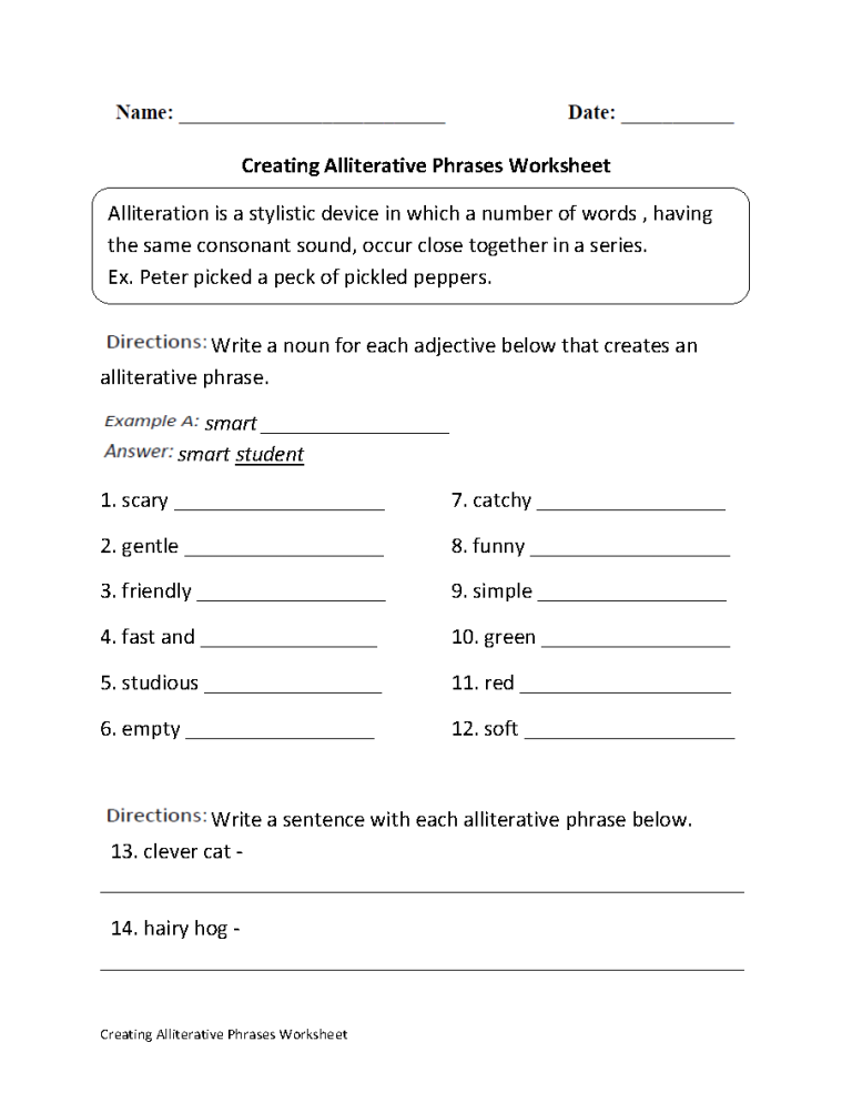 Alliteration Worksheets 7th Grade