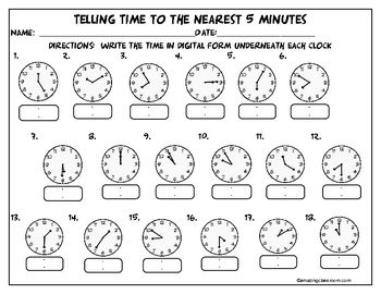 Telling Time To The 5 Minute Worksheets