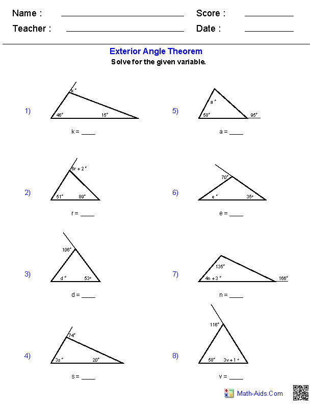 Exterior Angle Theorem Worksheet Answers