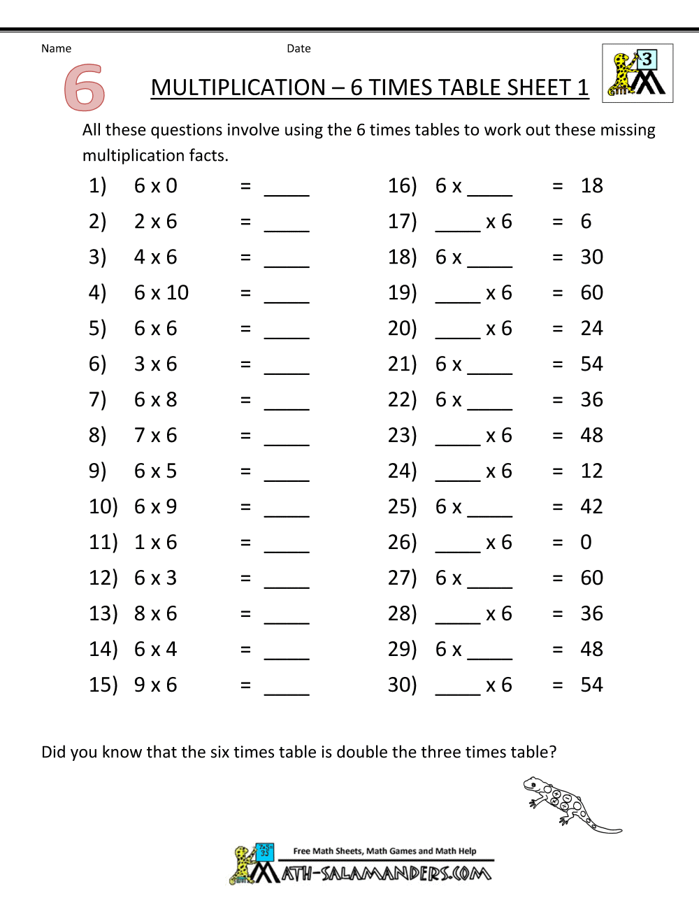 Math 6 Times Table Worksheet