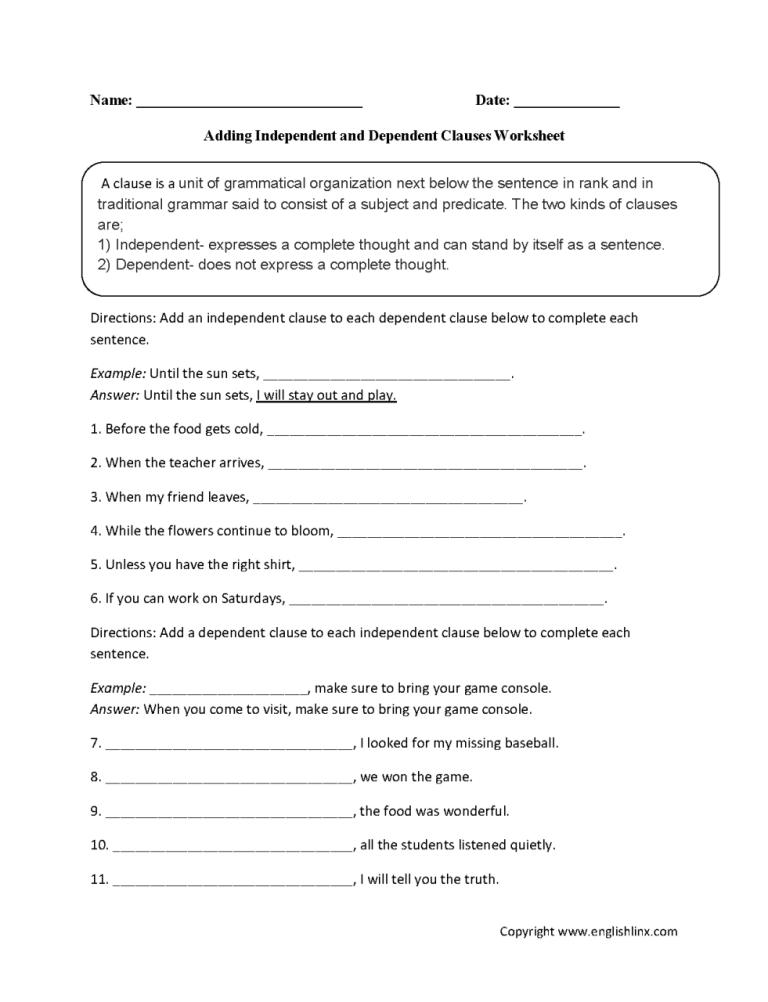 Independent And Dependent Clauses Worksheet Pdf