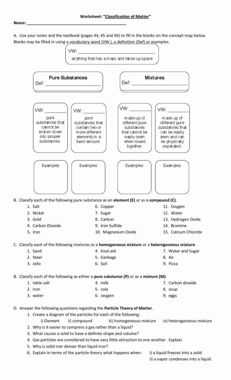 Classifying Matter Worksheet Grade 9