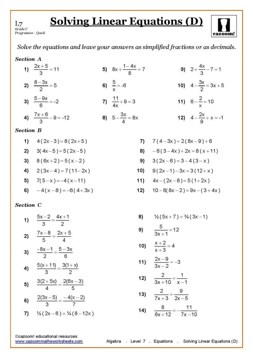 Algebra Worksheets Grade 7 With Answers