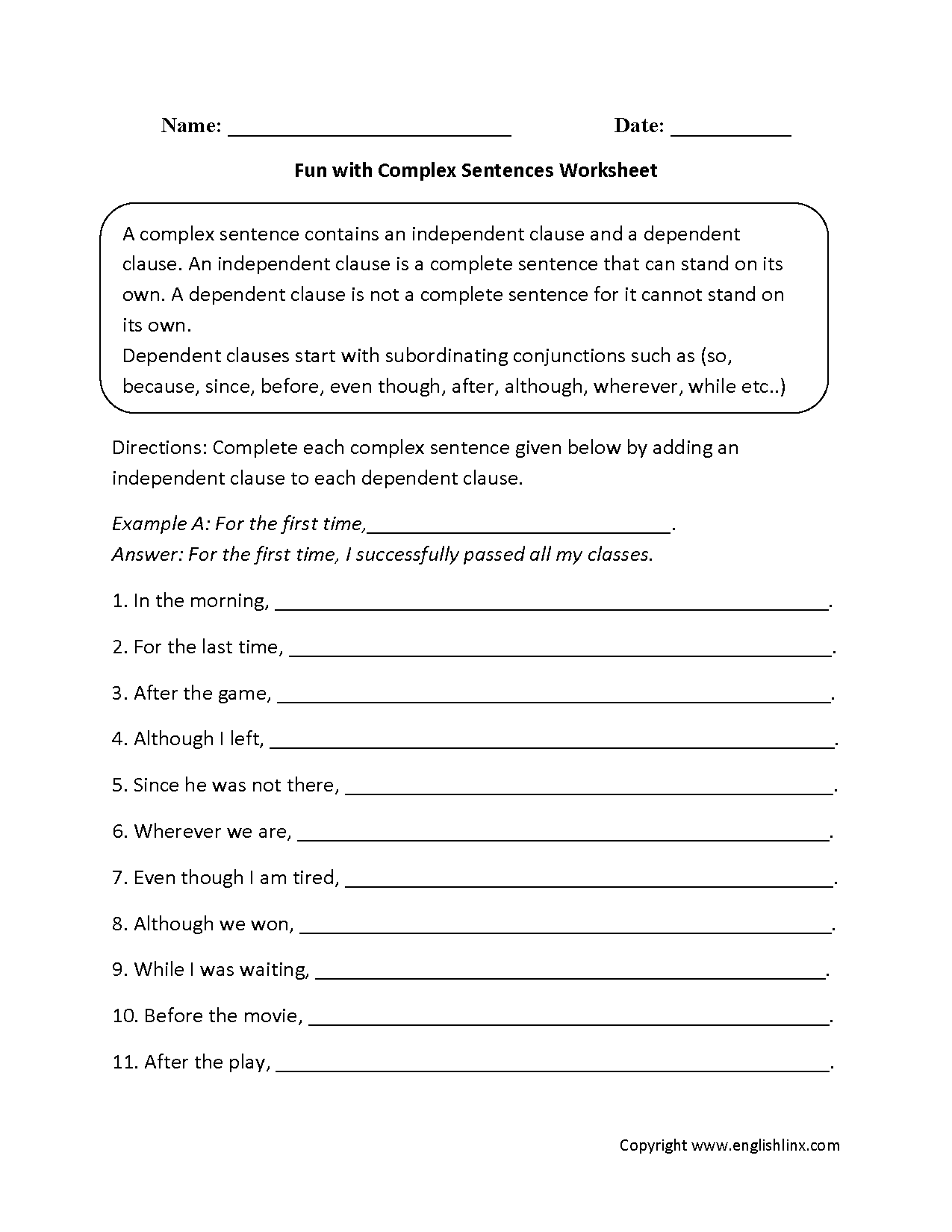 Simple Compound And Complex Sentences Worksheet 7th Grade