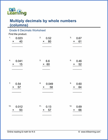 Decimal Multiplication Worksheet For Grade 6