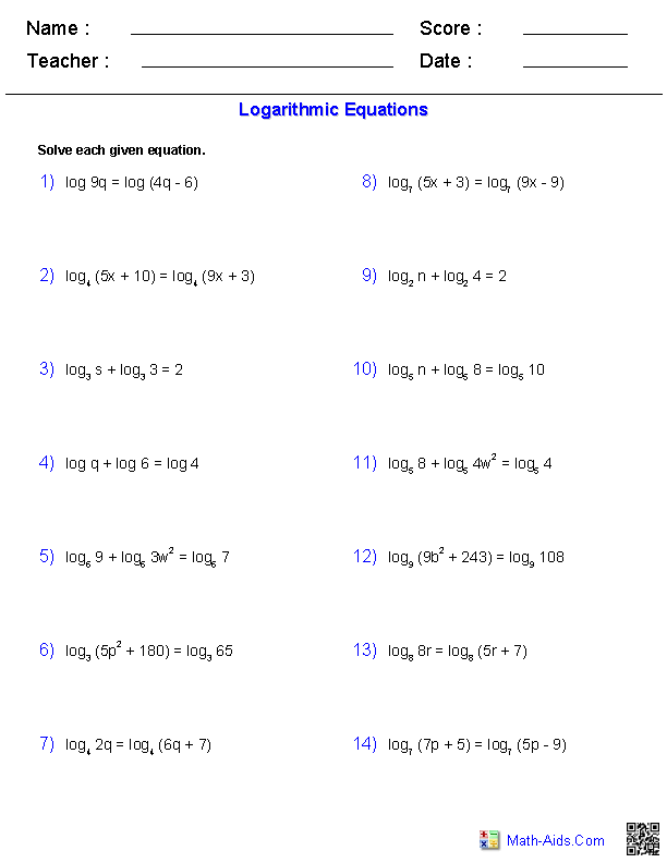 Logarithmic Equations Worksheet Precalculus