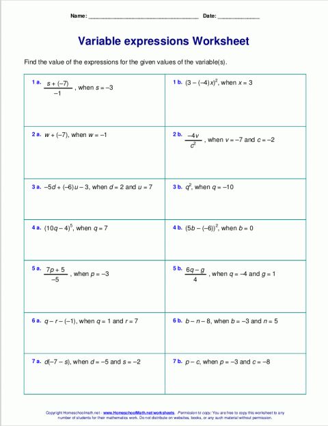 Algebraic Expressions Worksheets 7th Grade