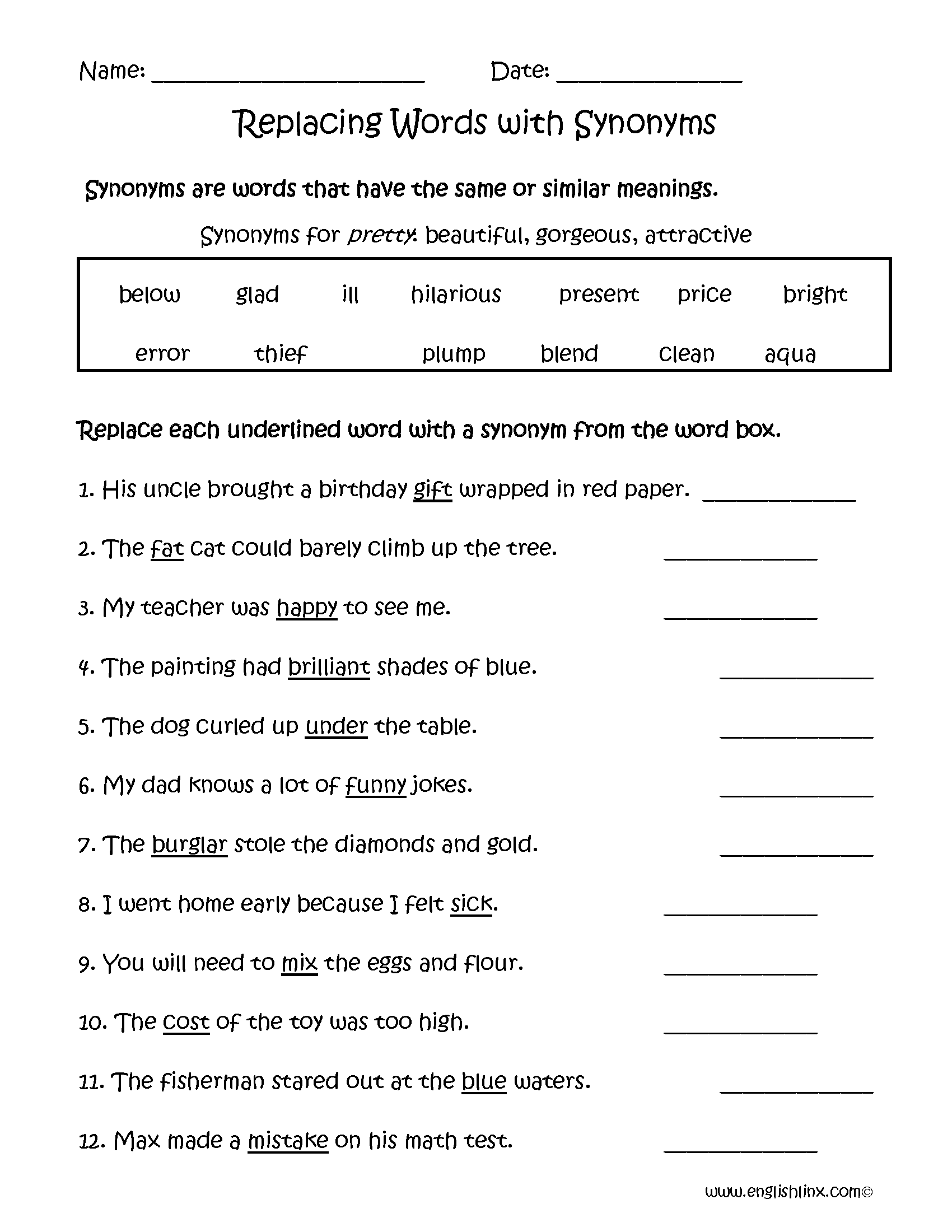 Synonyms Worksheet 3rd Grade