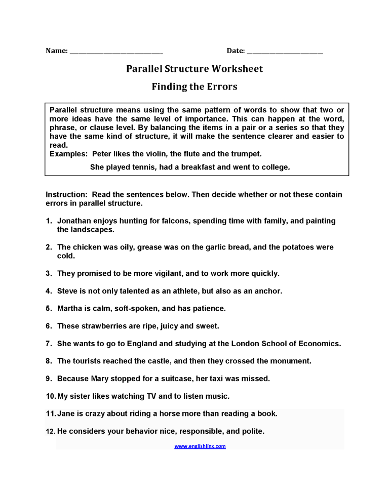 Parallel Structure Worksheet Finding The Errors