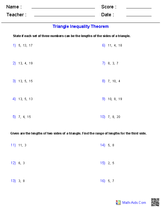 Triangle Inequality Theorem Worksheet 1