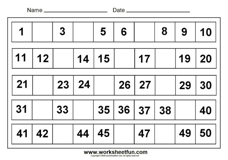 Missing Numbers Worksheet 1-50
