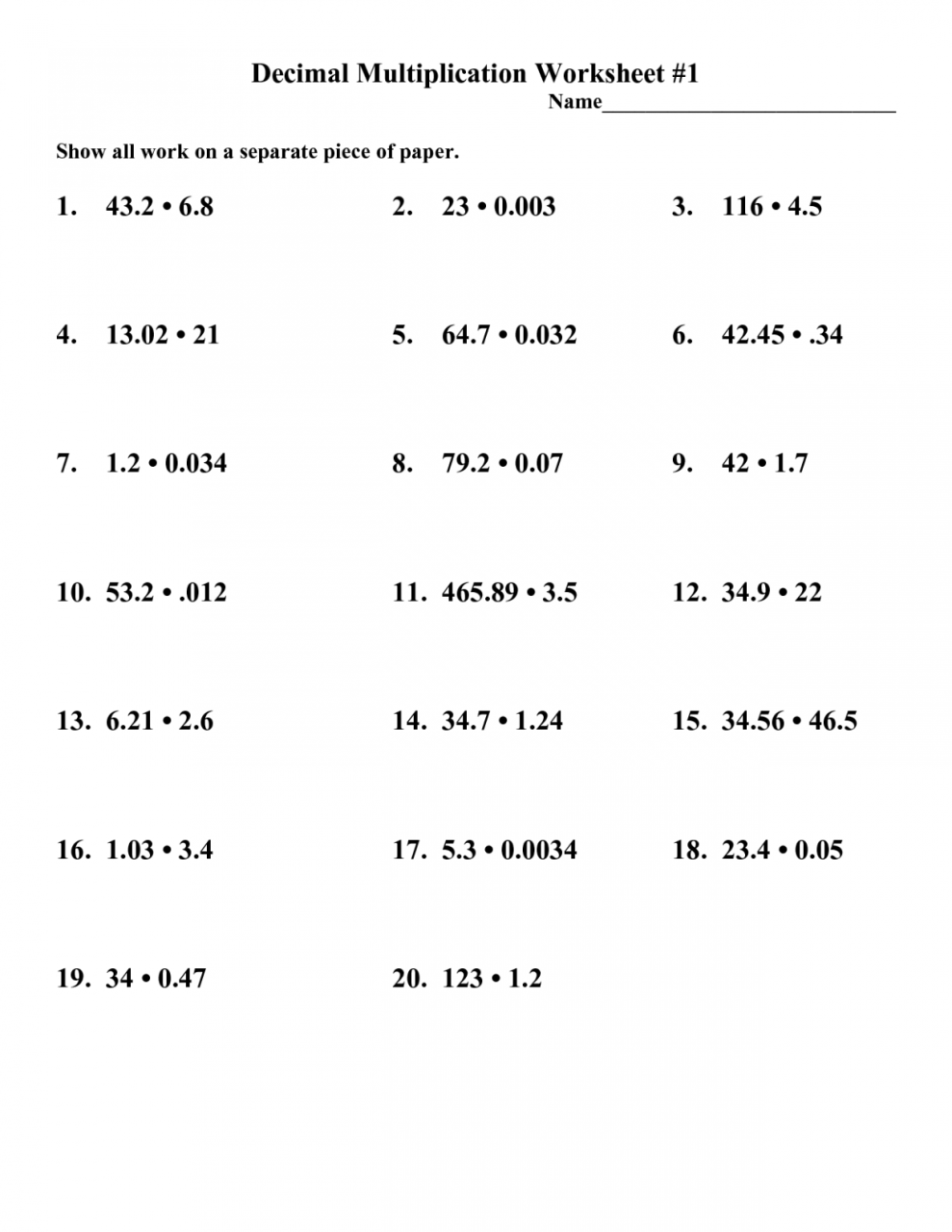 Multiplying And Dividing Decimals Worksheets