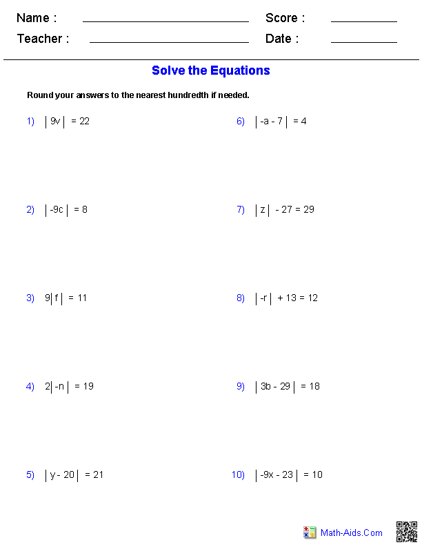 Solving Absolute Value Equations Worksheet 1 4 Answers Algebra 2