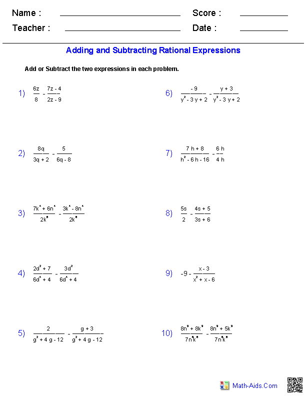 Adding And Subtracting Similar Rational Algebraic Expressions Worksheet