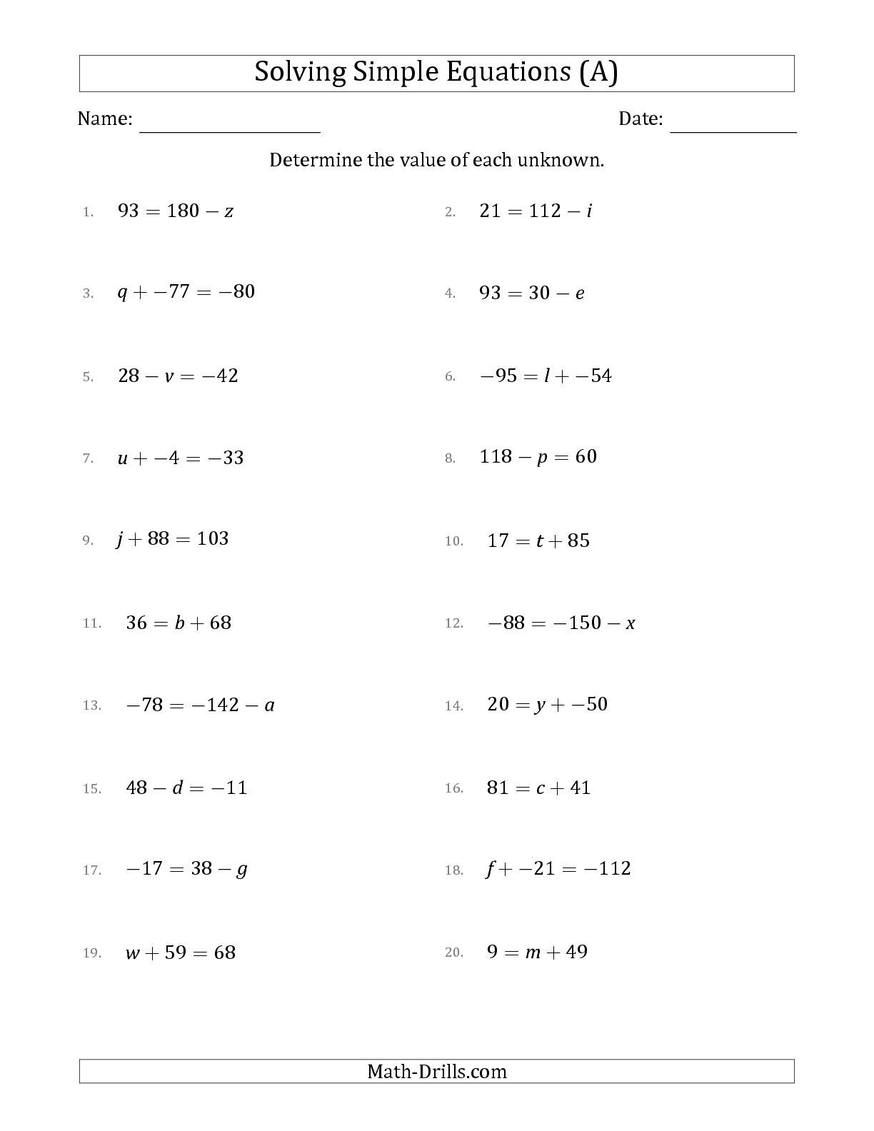 Simple Equations Worksheet