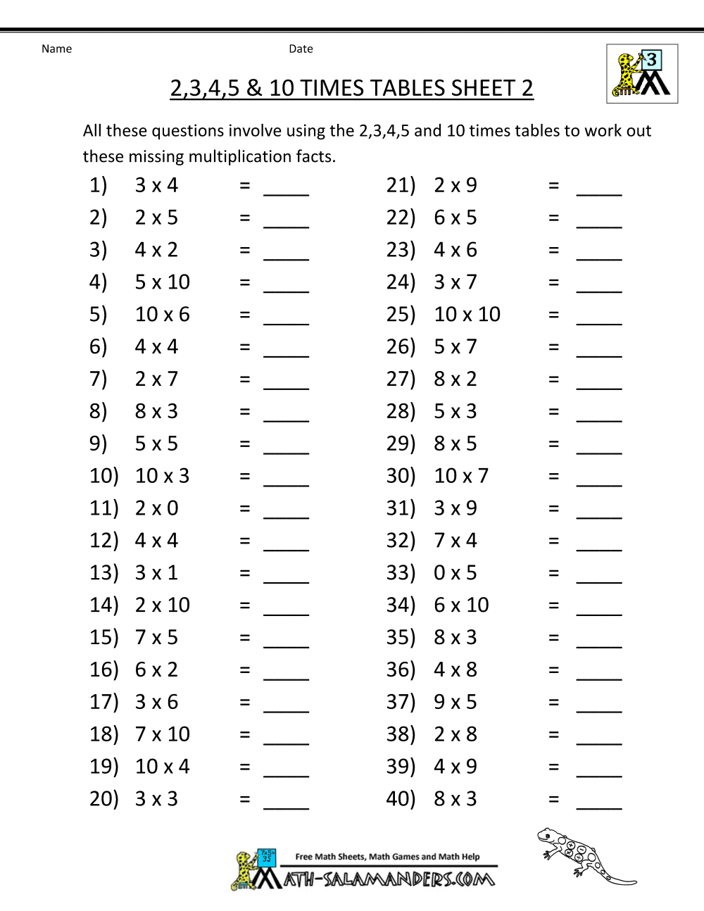 Times Tables Worksheets Free