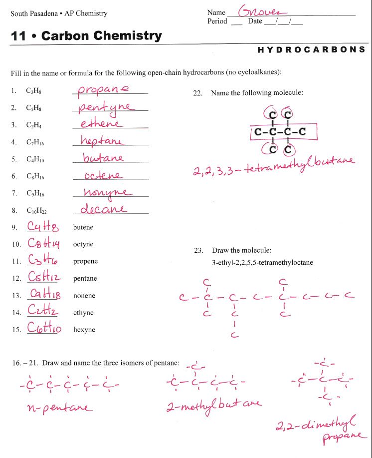 Organic Chemistry Naming Hydrocarbons Worksheet