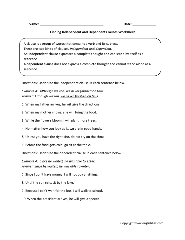 Independent And Dependent Clauses Worksheet Answer Key
