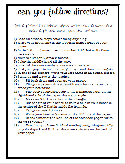 Following Directions Worksheets 4th Grade